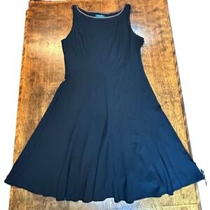 Ralph Lauren Fit and Flare Black Dress with Leather Trim Size 16